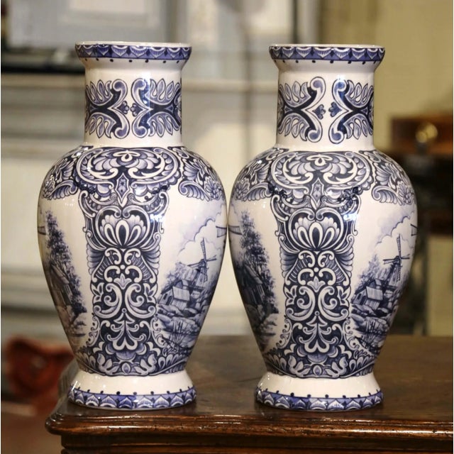 Ceramic Pair of Early 20th Century Dutch Blue and White Hand Painted Faience Delft Vases For Sale - Image 7 of 12