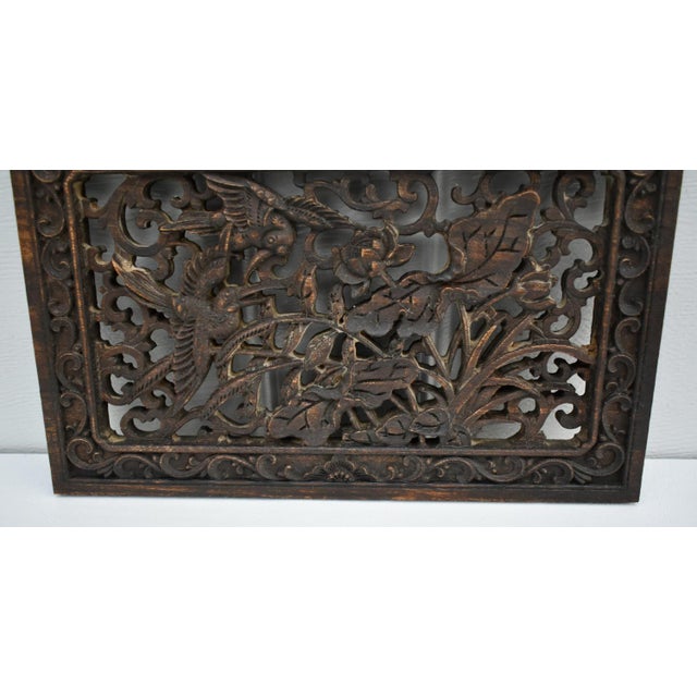 Wood Vintage Hand Carved Chinese Plaque With Birds & Floral Details For Sale - Image 7 of 12
