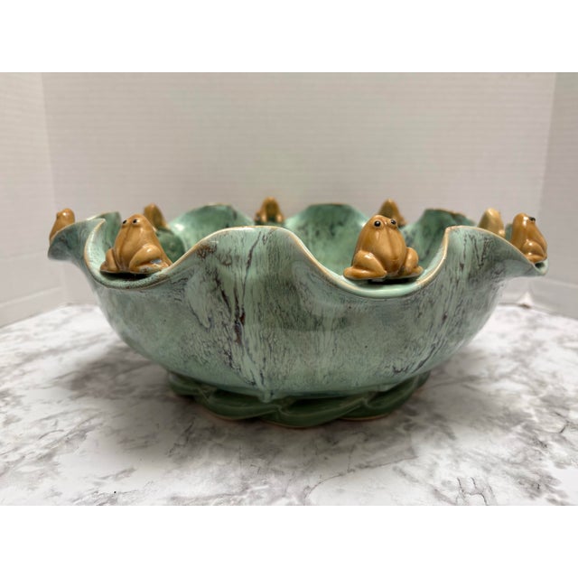 Large Vintage Aqua Glazed Pottery Scalloped Frog Bowl For Sale - Image 4 of 11