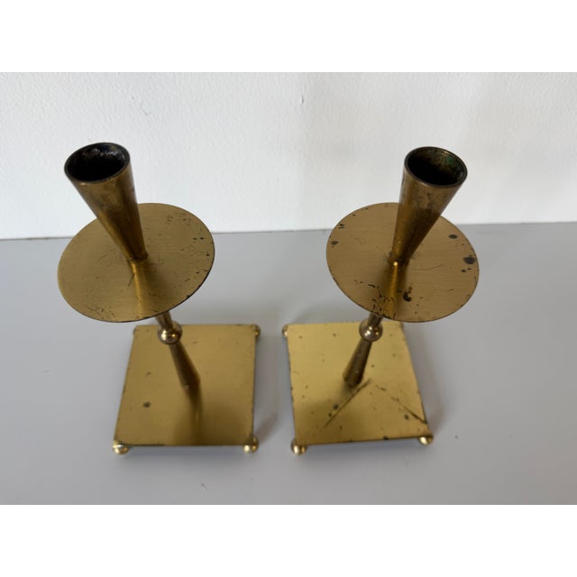 1970s Mid-Century Modern Brass & Metal Geometric Candle Holders – Pair For Sale - Image 9 of 12