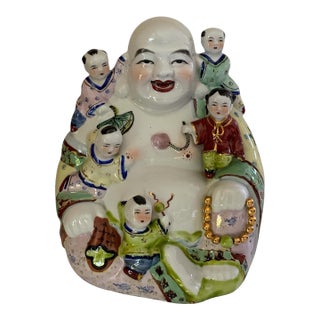 Large Vintage Chinese Famille Rose Porcelain 11.25" Laughing Buddha 5 Children Statue China 1960s-1980s For Sale
