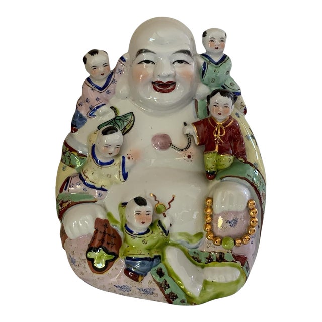 Large Vintage Chinese Famille Rose Porcelain 11.25" Laughing Buddha 5 Children Statue China 1960s-1980s For Sale