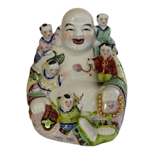Large Vintage Chinese Famille Rose Porcelain 11.25" Laughing Buddha 5 Children Statue China 1960s-1980s