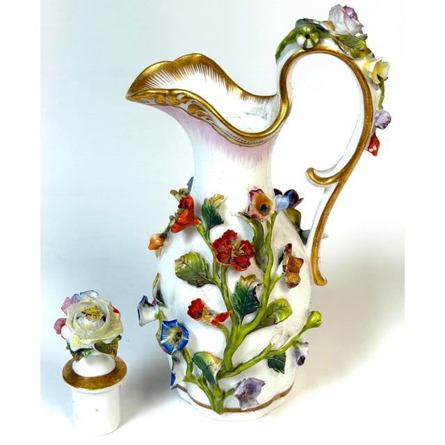 White Meissen Applied Floral Porcelain Perfume Ewer Original Stopper, Germany, 1875 For Sale - Image 8 of 17