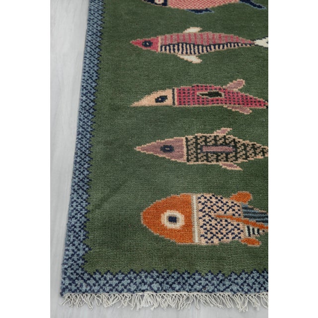 Koi Fish Olive Green Hand Knotted Runner Rug 2.6x6Ft. For Sale - Image 18 of 18