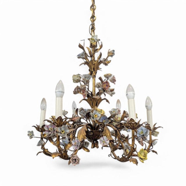 Gold Golden Chandelier Decorated with Porcelain Flowers from DLG Meissen For Sale - Image 8 of 8