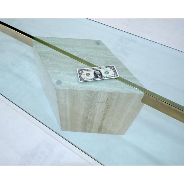 Transparent Italian Travertine Single Pedestal Diamond Shape Base Glass Top Coffee Table For Sale - Image 8 of 13