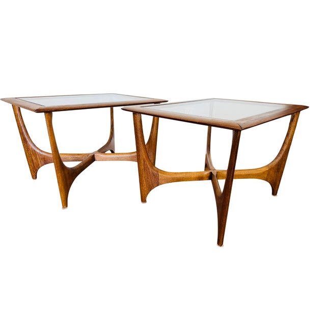 Lane Furniture Vintage Lane Silhouette Mid-Century Modern Walnut Side Tables, Pair – Sculptural X-Stretcher Base With Inset Glass Tops For Sale - Image 4 of 12