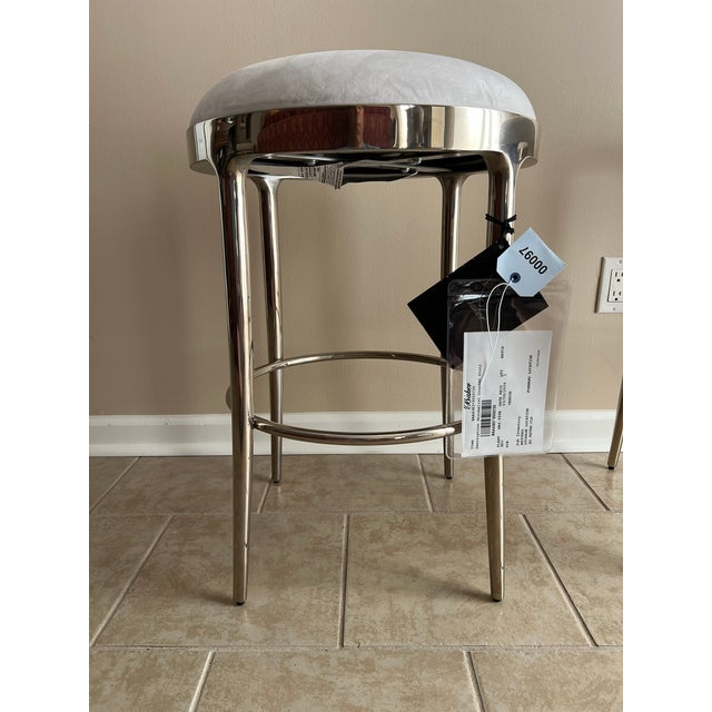 2020s Baker Furniture Minimalist Counter Stool, Polished Nickel Base, Swivel Seat in White Suede - Pair For Sale - Image 5 of 18