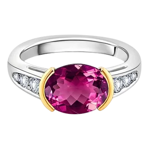 3.50 Carat Oval Cut Rubellite Tourmaline East West Ring with Tsavorite, Diamond,, Size 6.25