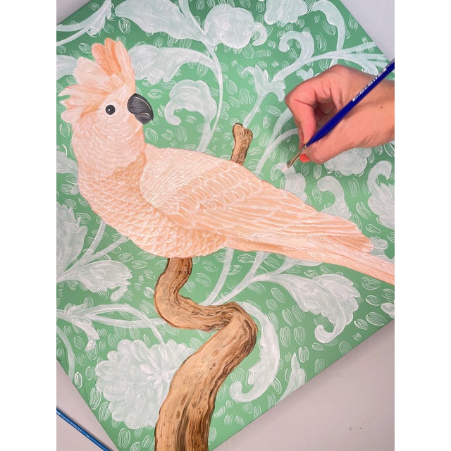 Chinoiserie “Happily Feather After” Pink Cockatoo Parrot Painting For Sale - Image 3 of 4