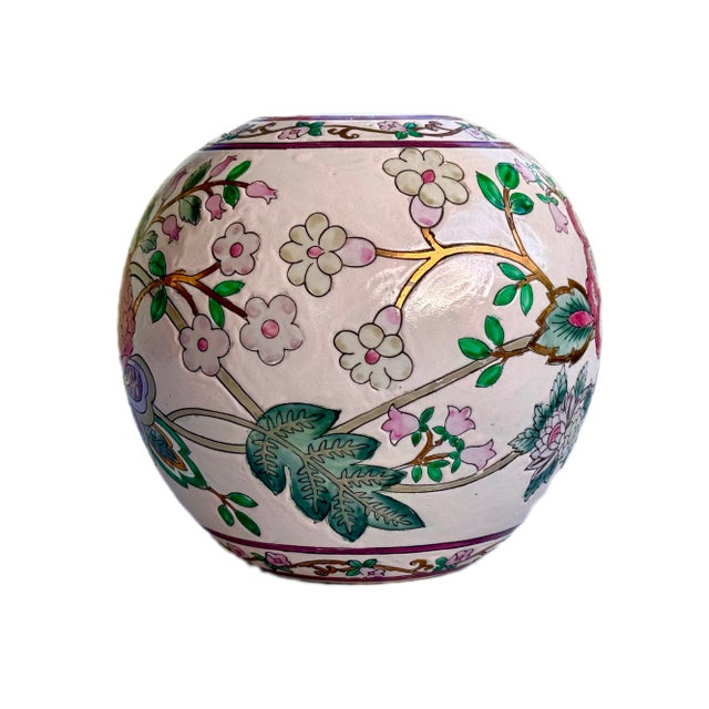 Chinoiserie Vintage Chinoiserie Round Floral Vase For Sale - Image 3 of 11
