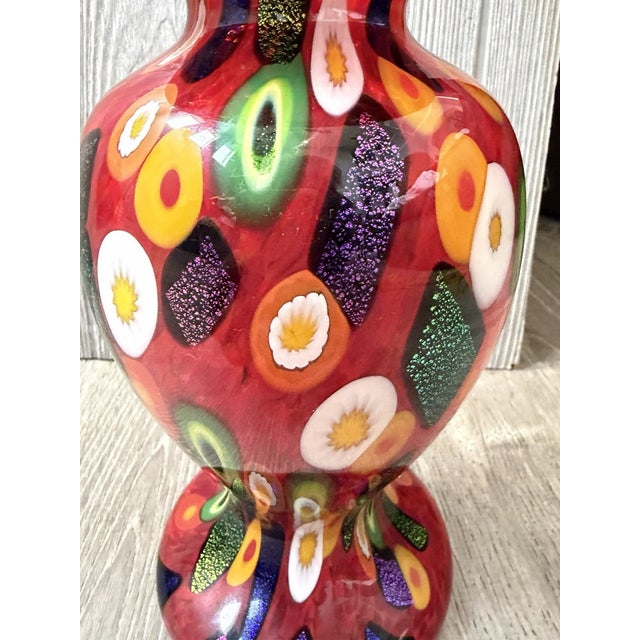 Murano Murano Style Mad Art Studios Signed 2002 Red Millefiori & Dichroic Art Glass Vase For Sale - Image 4 of 7