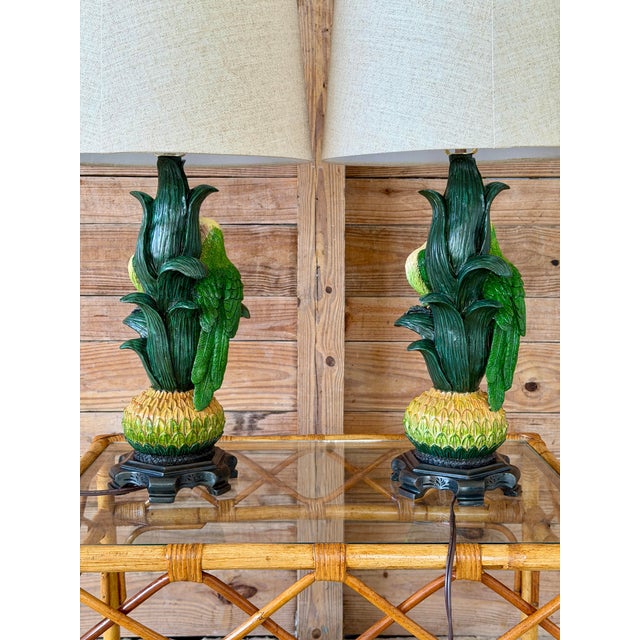 Sculptural Parrot Table Lamps With New Linen Shades - a Pair For Sale In Naples, FL - Image 6 of 12