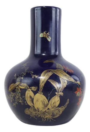 Vintage Chinese Cobalt Blue Porcelain Vase With Gilt Floral and Butterfly Decoration