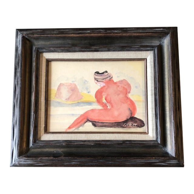 Vintage Original Female Nude in Beach Modernist Watercolor Painting Carved Wood Frame For Sale