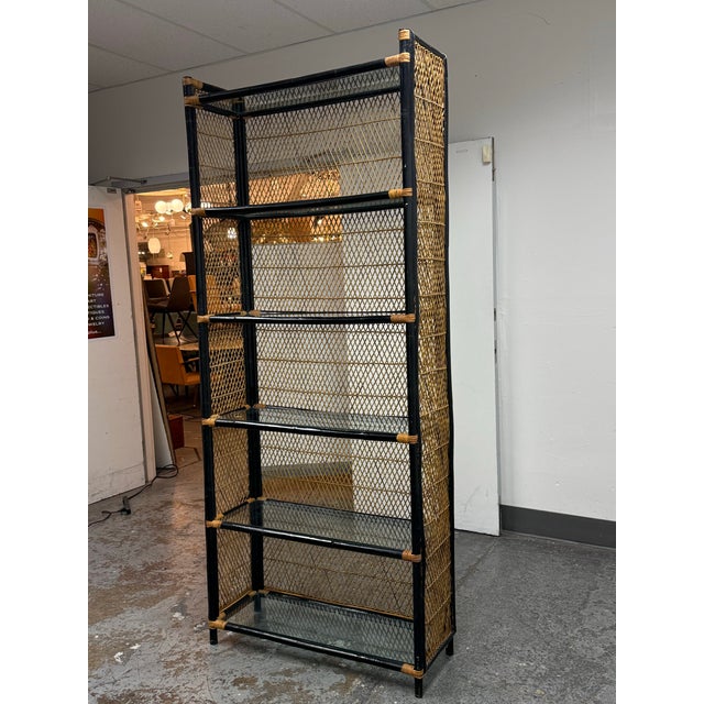 Contemporary Wicker, Glass + Black Bamboo Étagère, Mid 20th Century For Sale - Image 3 of 12