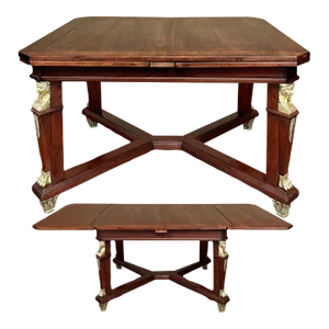 Antique French Empire Mahogany Draw Leaf Dining Table With Bronze Mounts