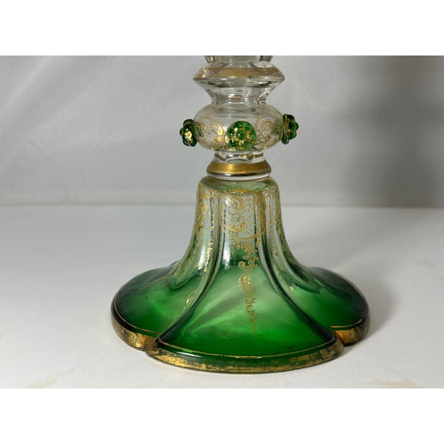 Moser Glassworks Antique Moser Green to Clear Trumpet Vase: Bohemian Gold Gilt Decor (18.5") For Sale - Image 4 of 10