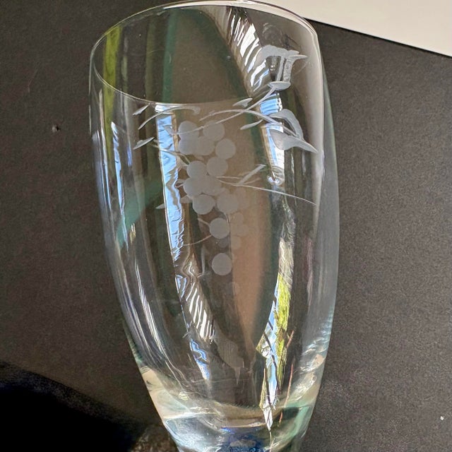 1980s Vintage Champagne Flutes Etched Grape Design With Blue Stem Detail - Set of 2 For Sale - Image 5 of 6
