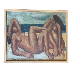 Oleg Zinger Oil Painting Sign Cubism Naked Women on the Beach 1945 France