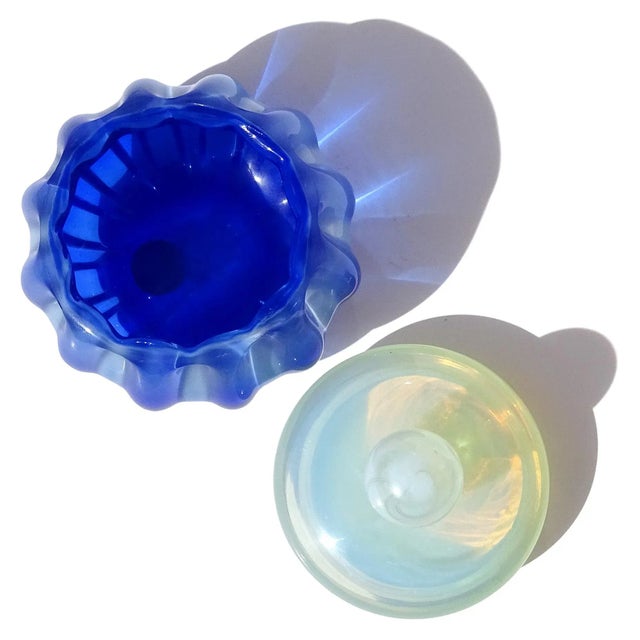 Vintage Seguso Murano Sapphire Blue Fiery Opal White Italian Art Glass Vanity Jar Powder Box For Sale In Orlando - Image 6 of 7