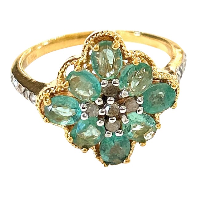 Bochic “Orient” Diamond & Emerald Vintage Cluster Ring Set in 18k & Silver Size 7.5 For Sale