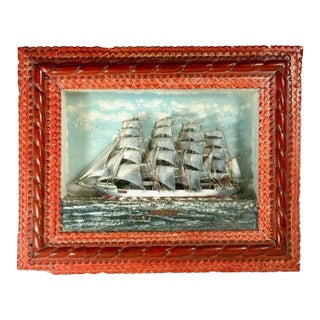 Nautical Folk Art Ship Diorama in Tramp Art Frame For Sale