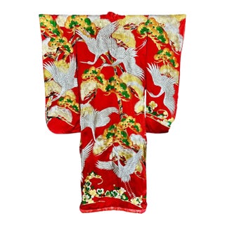 Vintage Red Brocade With Flying Cranes Japanese Ceremonial Kimono For Sale