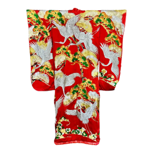 Vintage Red Brocade With Flying Cranes Japanese Ceremonial Kimono