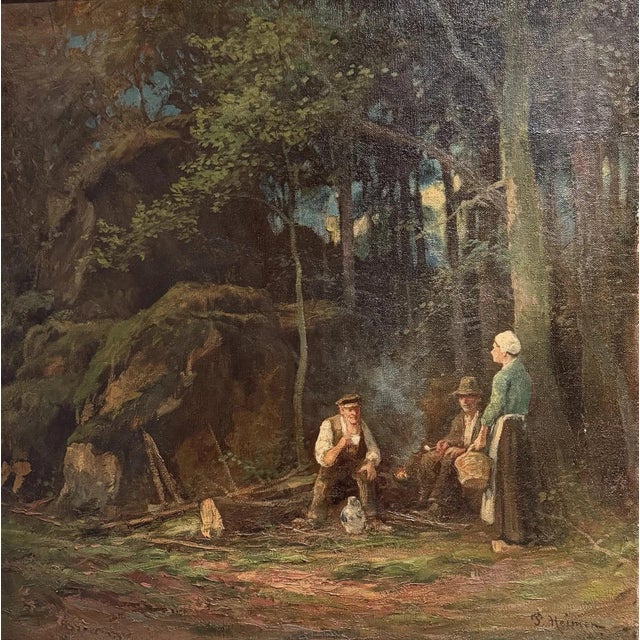 Paul Heimen, Rest in the Woods, Forest Landscape, Farmers, Campfire, Oil Painting on Canvas For Sale - Image 13 of 13