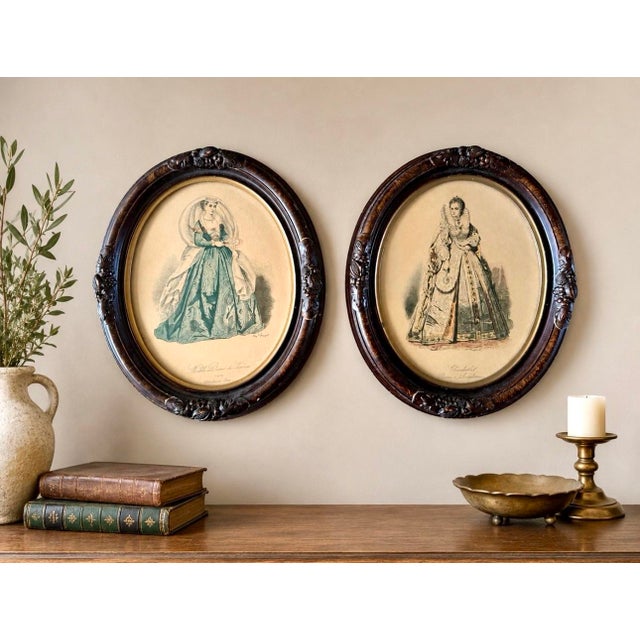 An elegant matched pair of vintage French historical costume prints after the renowned 19th-century illustrator Hippolyte...
