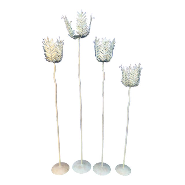 Vintage Tall Iron Tropical Palm Leaf Green Serge Roche Style Standing Candleholders Candelabra- Set 4 For Sale
