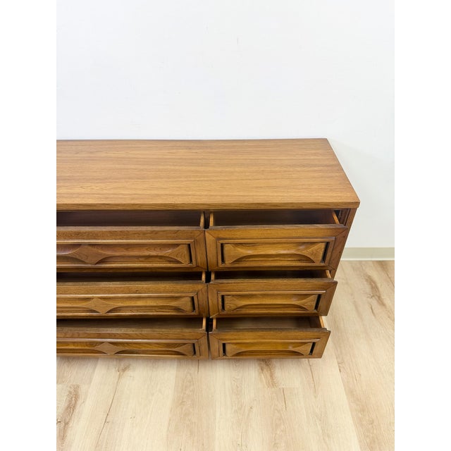Wood Vintage MCM Nine Drawer Dresser With Bowtie Inlay Retro Walnut Bedroom Storage For Sale - Image 7 of 9