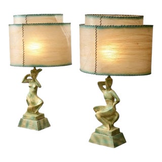 Vintage Figural Table Lamps With Fiberglass Shades - Pair For Sale