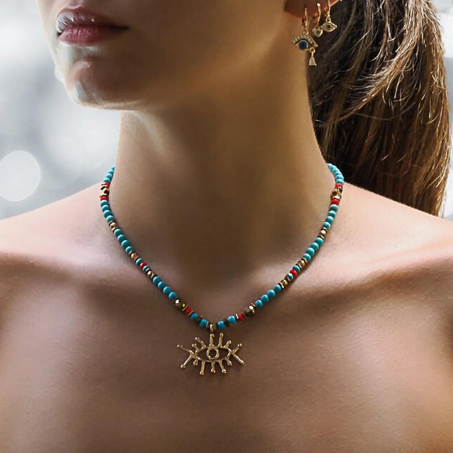 Turkish Guardian Evil Eye Pendant Turquoise Stone Beaded Necklace For Sale - Image 3 of 11