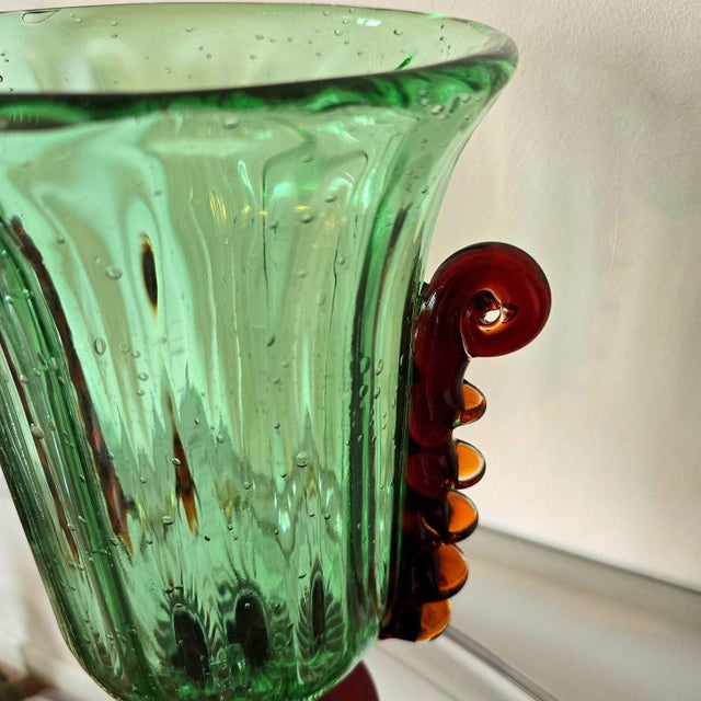 Green 1980s Pair of Green and Golden Brown Murano Glass Vases For Sale - Image 8 of 13