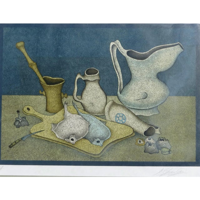 Artist: Mihail Chemiakin – Russian (1943- ) Title: Still Life with Fish and Knife Year: Circa 1980 Medium: Color...