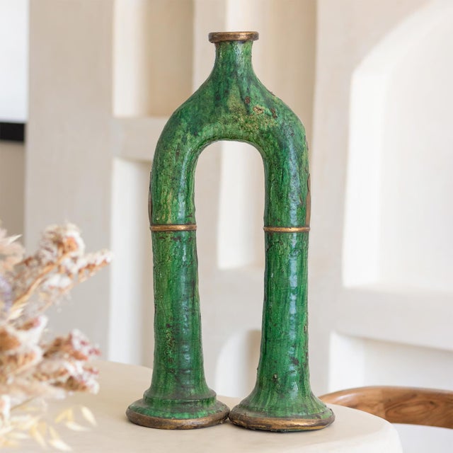 Art Deco Tamegroute Green Glazed Ceramic Sculptural Vase | One of a Kind For Sale - Image 3 of 6