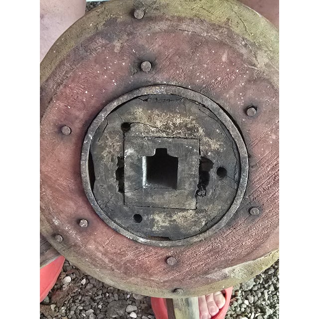 Wood Large Industrial Wooden Pulley Wheel With Vintage Stenciled Lettering — 30” For Sale - Image 7 of 10