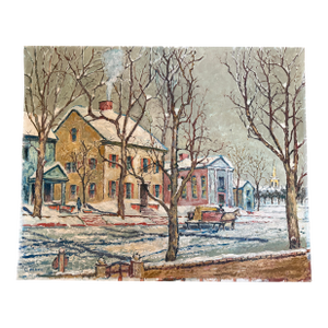 Vintage Original Oil on Board Painting, "Philadelphia Winter", Signed C. Perry