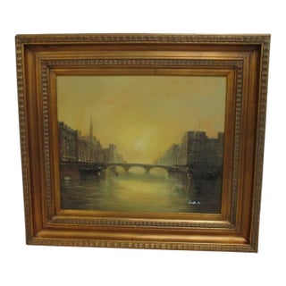 1980s Gold Gilt Carved Venice Water Way Bridge Framed Oil Painting For Sale