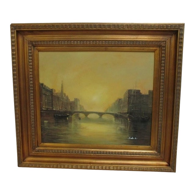 1980s Gold Gilt Carved Venice Water Way Bridge Framed Oil Painting For Sale