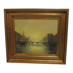 1980s Gold Gilt Carved Venice Water Way Bridge Framed Oil Painting
