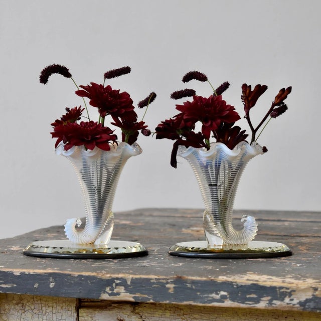 Abstract Vintage Opalescent Blown Glass Cornucopia-Style Trumpet Vessels on Mirrored Cut Glass Bases, a Pair, Circa 1930s For Sale - Image 3 of 12
