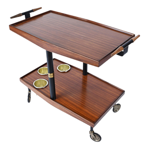 Mid-Century Wood, Brass and Enameled Metal Serving Bar Cart and Bottle Holder, 1960