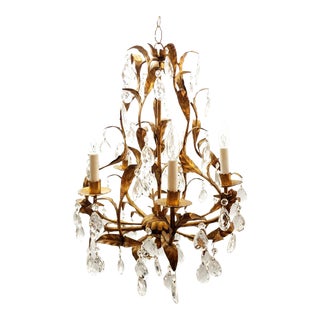 Vintage Italian Gold Gilt Gold Florentine Leaves Flowers Basket Birdcage Crystal Prisms Chandelier For Sale
