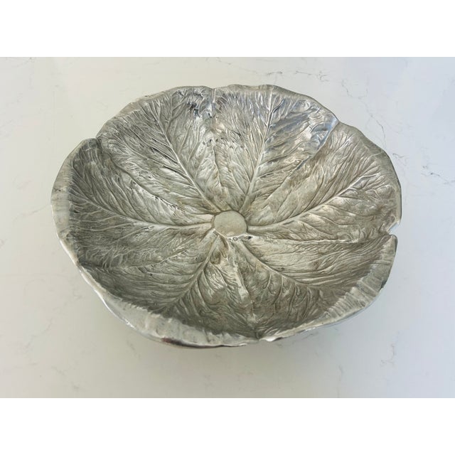 Silver Vintage Pewter Cabbage Leaf Serving Bowl Majolica Style by Bruce Fox for Wilton For Sale - Image 8 of 11