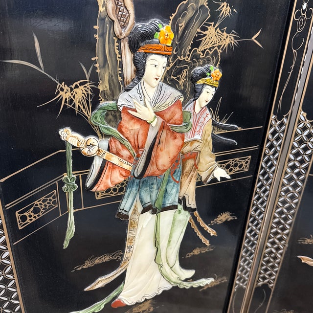 Wood Asian Black Lacquer Four-Panel Folding Screen, Vintage For Sale - Image 7 of 16