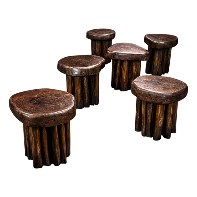 Set of Six Sculptural “Denúncia” Stools in Solid Reclaimed Wood, Brazil, 1970s For Sale